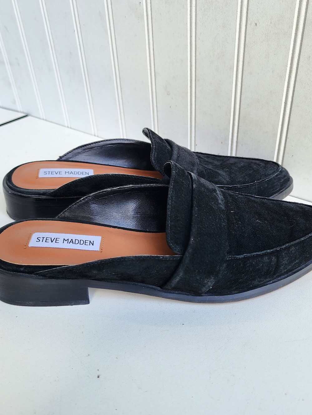 Steve Madden Women Nando Flavor Black Suede Leather Mule Loafer shoes sz 8.5